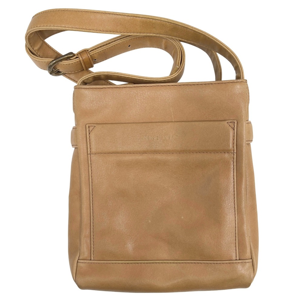 Nine West Womens Crossbody Bag Camel Tan Faux Leather Slim Messenger Small Y2K